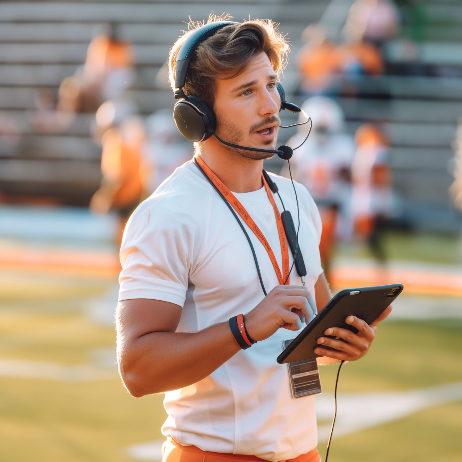 A football coach on the field, wearing white with orange accents