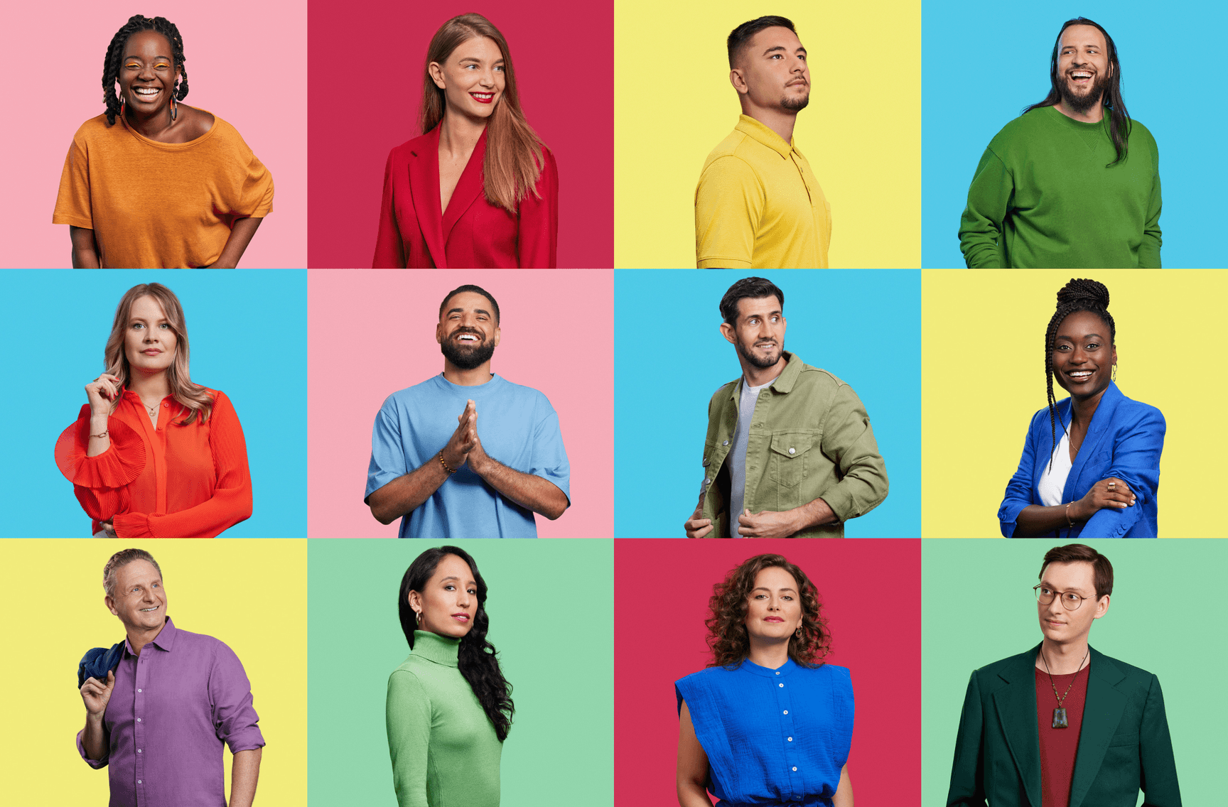 Swissquote employees on colourful backgrounds