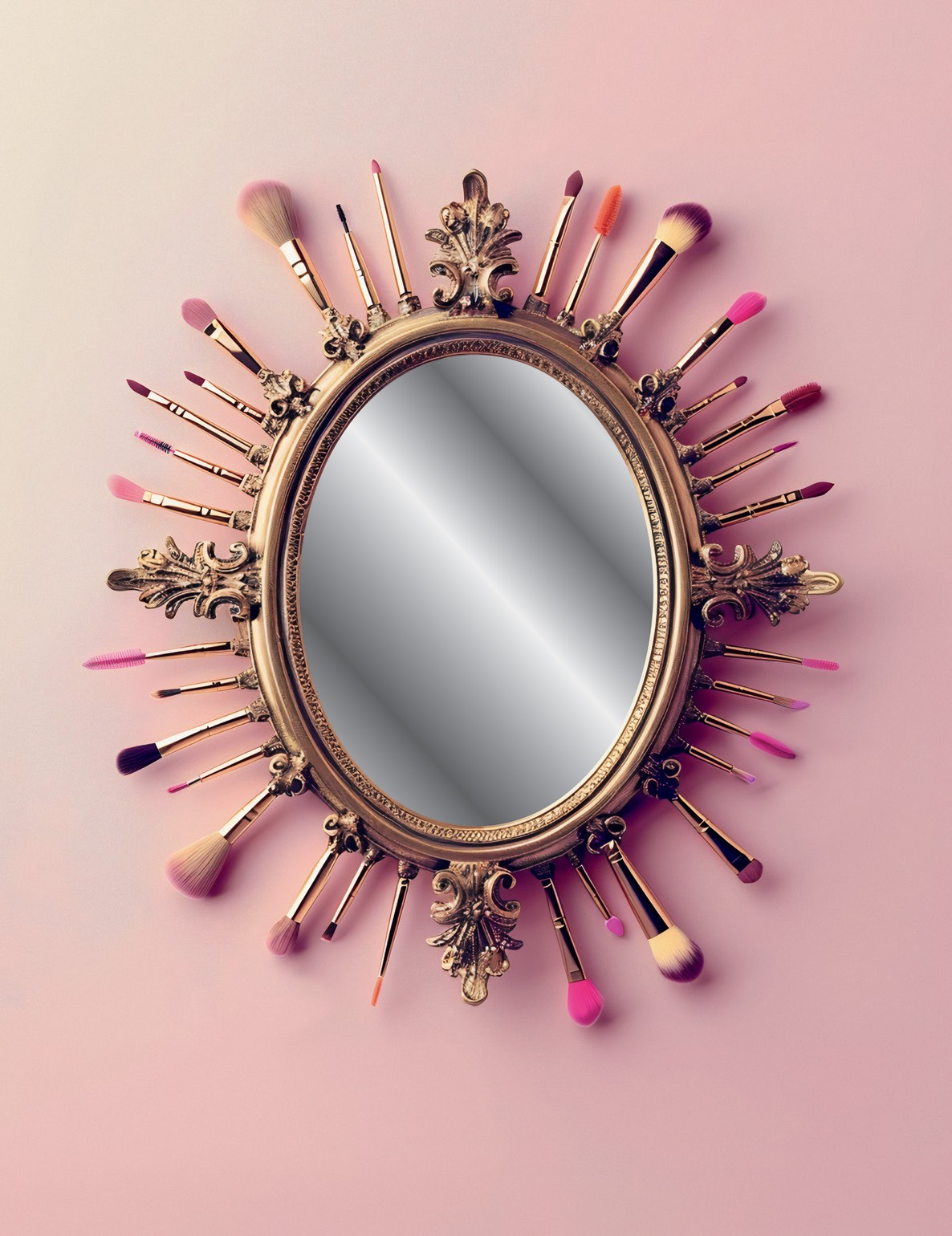 Mirror with makeup brushes around the frame