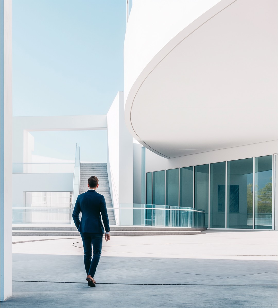 Man in front of a white building